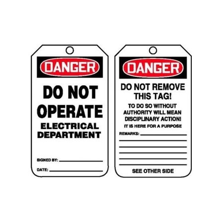 Accuform Safety Tags, DANGER DO NOT OPERATE ELECTRICAL DEPARTMENT, 5.75in x 3.25in, RP-Plastic, 5PK MDT165PTM